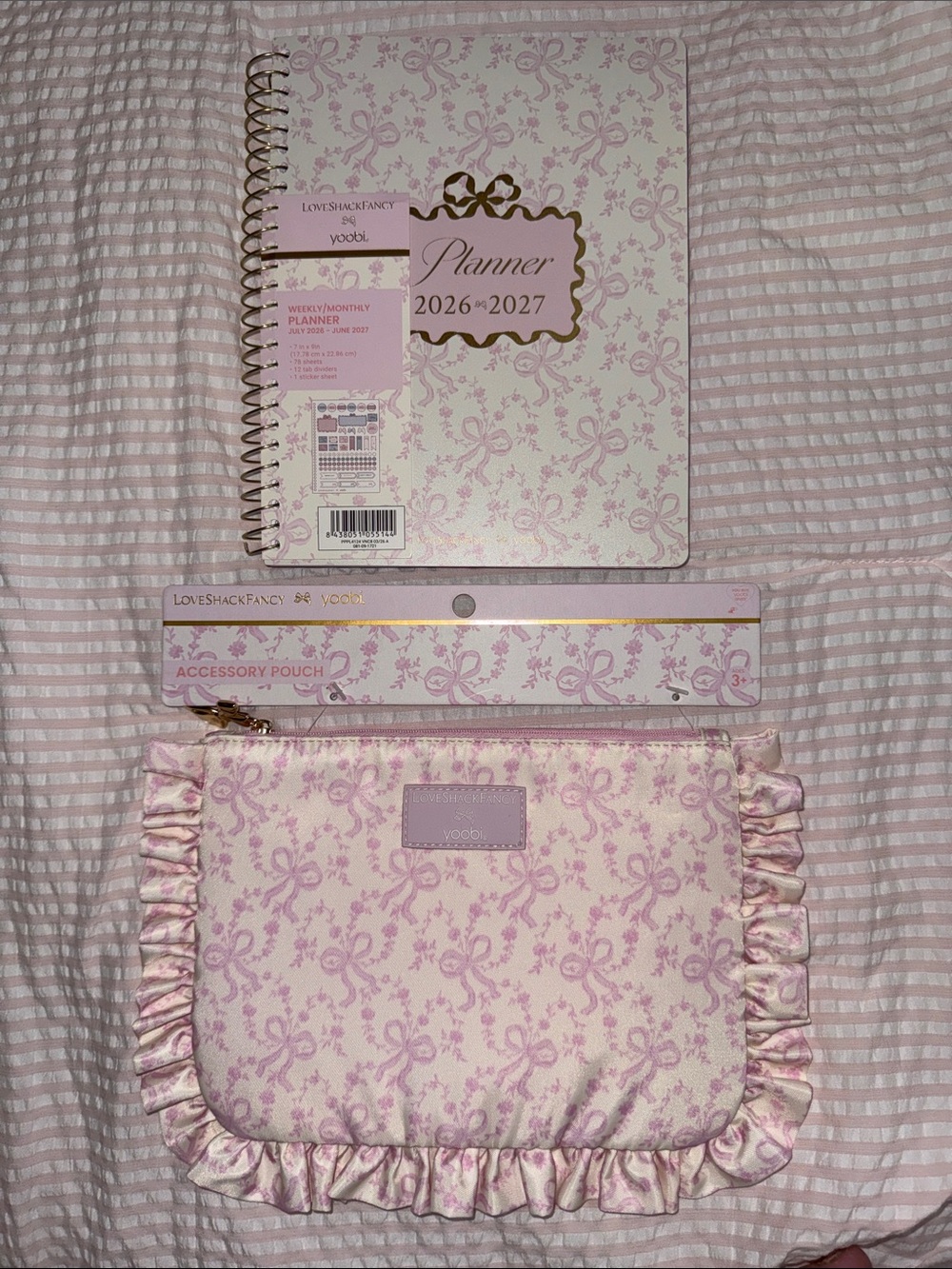 LoveShackFancy Pink Bow Floral Planner & matching Ruffle Accessory Pouch NWT